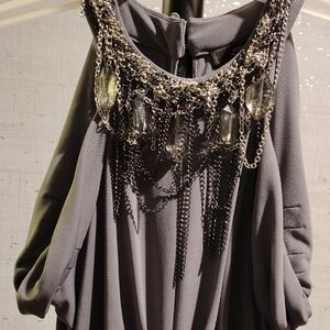 BCBG MAXAZRIA Grey Slim Fit Gown Embellished w Chains & Crystals Women's Size XS